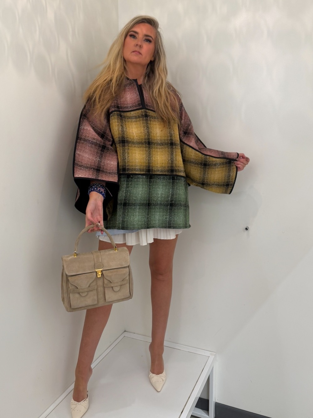 Plaid Colorblock Knit Poncho - Pink, Yellow & Green